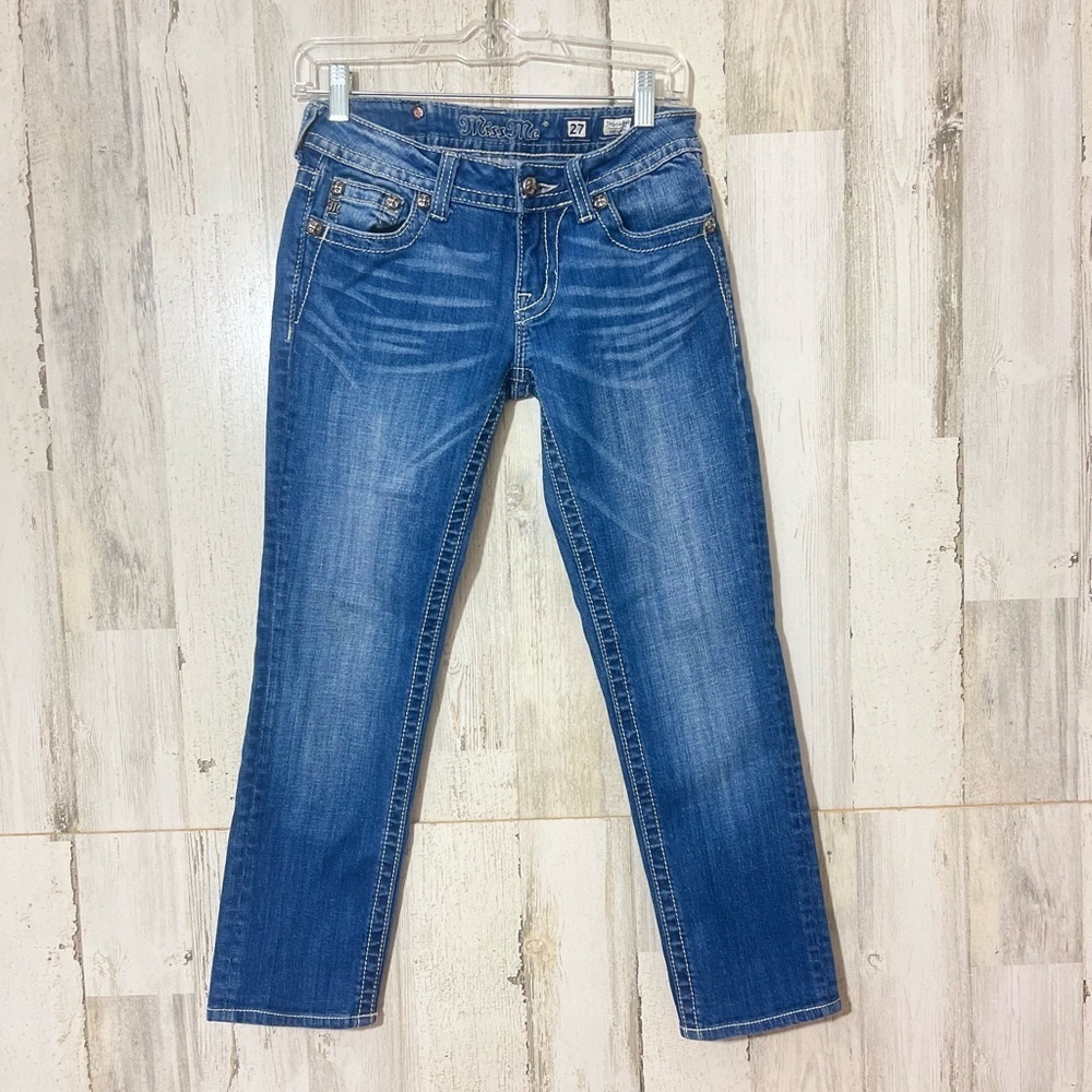 MISS ME Distressed Fleur de lis Rhinestones Low Rise Skinny Jeans Size 27
